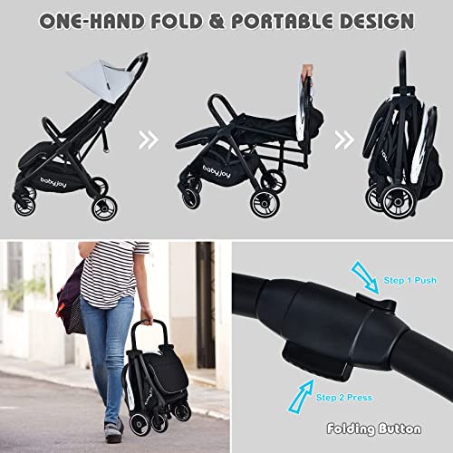 BABY JOY Lightweight Baby Stroller, Compact Travel Stroller for Airplane, Toddler Pushchair Infant Stroller w/Adjustable Backrest & Canopy, Storage Basket, Easy One-Hand Fold, Aluminium Frame (Gray)