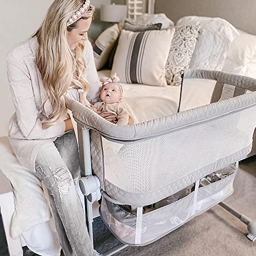 Baby Bassinets Bedside Sleeper, Bedside Crib 3 in 1 Adjustable Travel Baby Bed with Breathable Net and Mattress, Easy Folding Portable Bassinet for Baby (Grey)