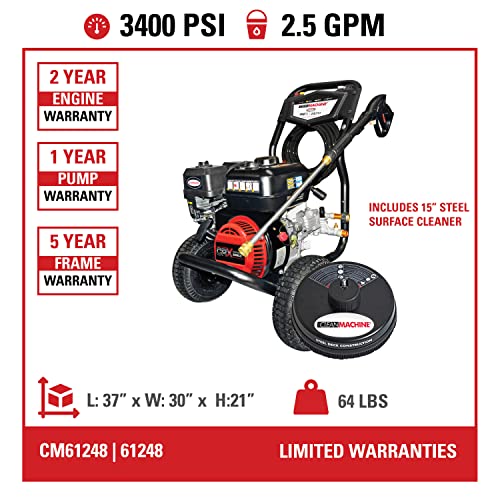 Simpson Cleaning CM61248-S Clean Machine 3400 PSI Gas Pressure Washer, 2.5 GPM, CRX Engine, Includes 15-Inch Surface Cleaner, Spray Gun and Wand, 4 QC Nozzle Tips, 5/16-in. x 25-ft. Hose, Black/Red