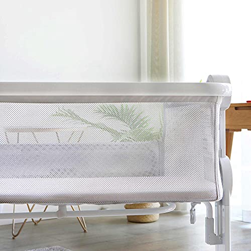 Miclassic Baby Bassinet Bedside Sleeper Crib, Mesh Breathable Net, Portable and Folding Design, Adjustable Height with Storage Basket and Wheels for Newborn, Infant and Baby (Light Grey)