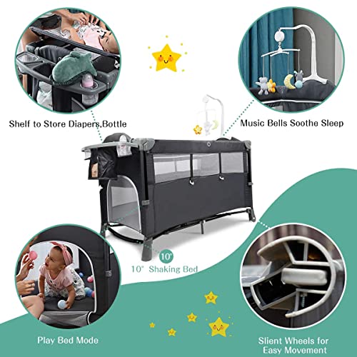 Lovinouse 5 in 1 Baby Bassinet Bedside Sleeper Bed Side Crib with Mattress, Diaper Changer and Hanging Toys, Portable Travel Crib for Girl Boy Infant Newborn (Dark Grey)