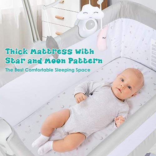 BABY JOY Baby Bedside Bassinet, Height Adjustable Portable Crib w/Music, Toy Rack, Mattress, Straps, Breathable Mesh & Carrying Bag, Easy Folding Kids Bed Side Sleeper for Newborn Infant (Light Grey)