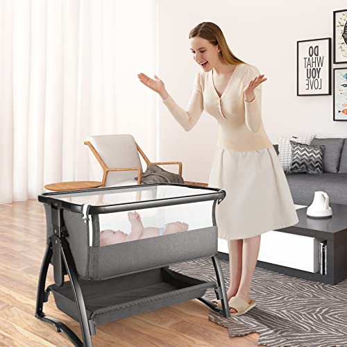 Baby Bassinet, Bedside Sleeper for Baby, Baby Crib Bassinet for Newborn/Infant/Baby Boy/Baby Girl with Storage Basket, Easy to Assemble , Adjustable Height Portable, Quick Assemble Safe Stable