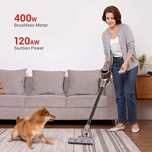 Puppyoo T11 Mate Cordless Vacuum Cleaner, 33Kpa Strong Suction & Lightweight, 400W Up to 60 Minutes Runtime, 5-in-1 Stick Handheld Vac for Deep Clean Pet Hair, Hard Floor, Carpet, Crevice, Car