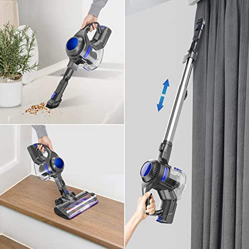 Tocwon Cordless Vacuum Cleaner, Stick Lightweight for Hard Floor Carpet Pet Hair, Household Cleaner 4 in 1 with Powerful Suction, Motorized Led Brush, 1.3L Large Capacity, Blue (TOCN00202201)