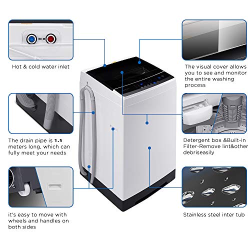 Helohome Portable Washing Machine, Full-Automatic Compact Washer with Wheels, 1.6 cu. ft, 11 lbs capacity with 6 Wash Programs Washer, Spin dry with Drain Pump, For Apartment, Dorm, RV, Camping.