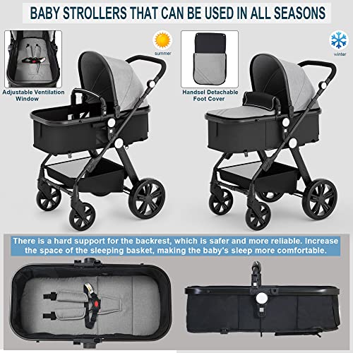 Newborn Infant Baby Bassinet Stroller - Sleeping & Sitting Mode 2 in 1 All Terrain High Landscape Shock Absorption Sunshade Comfortable Baby Toddler Strollers for 0-36 Months Old Babies