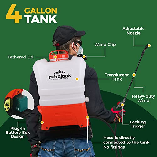 PetraTools Battery Powered Backpack Sprayer - Lawn Sprayers in Lawn and Garden Professional Electric Sprayer, 4-Gallon Battery Powered Sprayer, Multiple Nozzles & Ultra Life Battery - HD4050