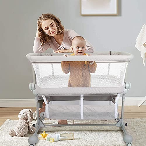 HAHASOLE Baby Bassinet Bedside Sleeper, 3 in 1 Bedside Crib with Detachable Mosquito Net, Portable Baby Nursery Bed with Mattress, Bedside Sleeper with 6 Height Adjustable & 2 Baby Bassinet Sheets