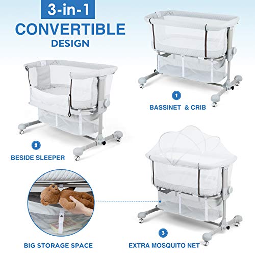 beiens 3-in-1 Baby Bassinet, Baby Crib Bedside Sleeper with Detachable Mosquito Net, 6 Height Adjustable Easy Folding Bassinet Portable Nursery Bed for Infant, Newborn, Baby Boys & Girls