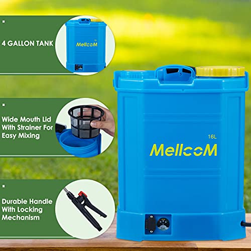 MELLCOM 4 Gallon Battery Powered Backpack Sprayer with 3 Different Nozzles, Hoses Included, Wide Mouth Lid, Professional for Lawns, Gardens, Office, Hotel, School