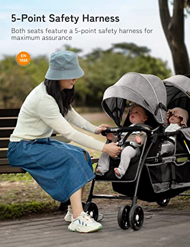 besrey Double Stroller for Infant and Toddler, Lightweight Tandem Baby Stroller, Easy Foldable, Compact Travel Twin Stroller with Rain Cover & Extra-Large Storage Basket Grey for 0-36month Kids