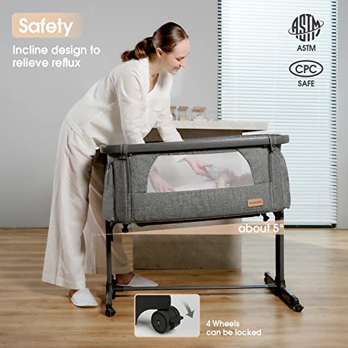 Yamesmile Baby Bassinets Bedside Sleeper Portable Crib Infant Inclined Cosleeper with Mattress Pad and Carry Bag (Grey Frame)