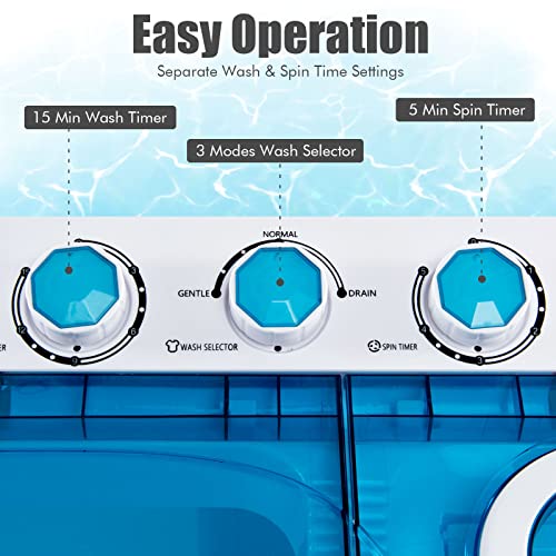 COSTWAY Portable Washing Machine, 2 in 1 Twin Tub 26Lbs Capacity Washer(18Lbs) and Spinner(8Lbs) with Control Knobs, Timer Function, Drain Pump, Compact Laundry washer for Home Apartment RV, Blue