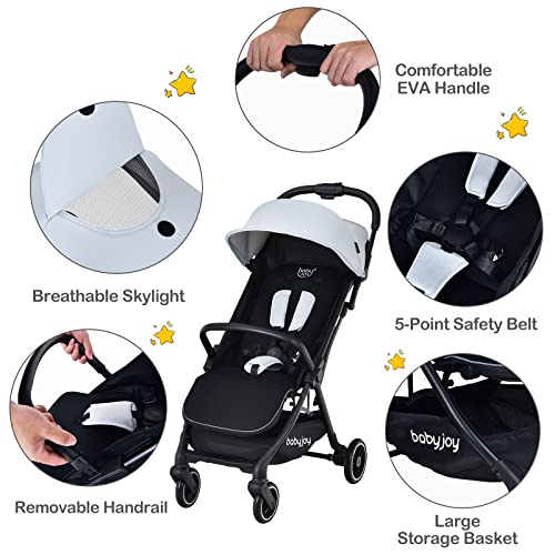 BABY JOY Lightweight Baby Stroller, Compact Travel Stroller for Airplane, Toddler Pushchair Infant Stroller w/Adjustable Backrest & Canopy, Storage Basket, Easy One-Hand Fold, Aluminium Frame (Gray)