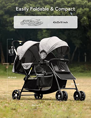 besrey Double Stroller for Infant and Toddler, Lightweight Tandem Baby Stroller, Easy Foldable, Compact Travel Twin Stroller with Rain Cover & Extra-Large Storage Basket Grey for 0-36month Kids