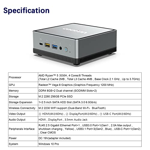COOFUN UM350 Mini PC Windows 11 Pro 16 GB RAM 256 GB PCIe SSD AMD Ryzen 5 3550H Mini Desktop Computers, Radeon Vega 8 Graphics, Dual-Band Wi-Fi, 4K HDMI/DisplayPorts/USB-C Mini Gaming PC