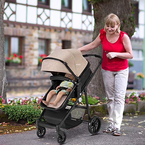HONEY JOY Baby Stroller, High Landscape Convertible Infant Bassinet Stroller, Adjustable Canopy & Backrest, Storage Basket, Cup Holder, Foldable Newborn Carriage Pram Stroller (Coffee)