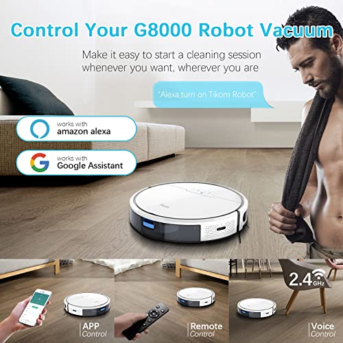 Robot Vacuum and Mop, Tikom G8000 Robot Vacuum Cleaner, 2700Pa Strong Suction, Self-Charging, Good for Pet Hair, Hard Floors, White