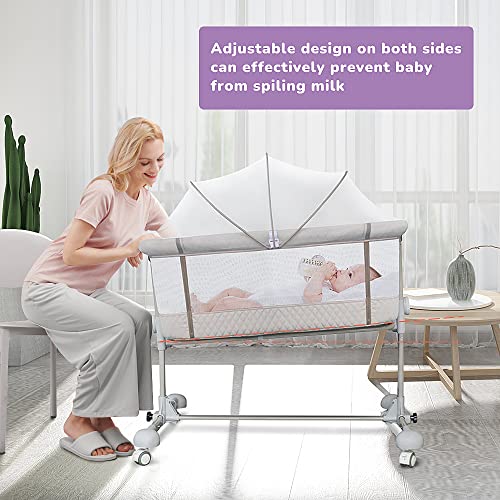 Baby Bassinets Bedside Sleeper, Bedside Crib 3 in 1 Adjustable Travel Baby Bed with Breathable Net and Mattress, Easy Folding Portable Bassinet for Baby (Grey)