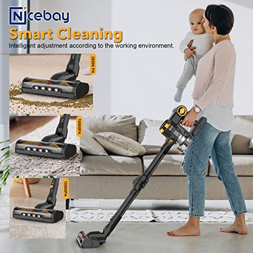 Cordless Vacuum Cleaner, Nicebay 25Kpa Brushless Motor Stick Vacuum Cleaner,Digital Touchscreen&Smart Induction Auto-Adjustment, 4 in 1 Lightweight Handheld Vacuum for Hardwood Floor Carpet Hair