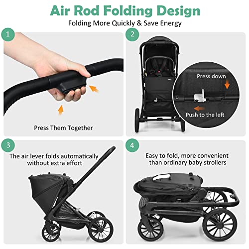 INFANS Baby Stroller for Toddler, Quick-Fold Infant Stroller with Reversible Seat, Hard Plate, Air Rod Folding, Aluminum Frame, 5-Point Harness, Adjustable Handle and Footrest