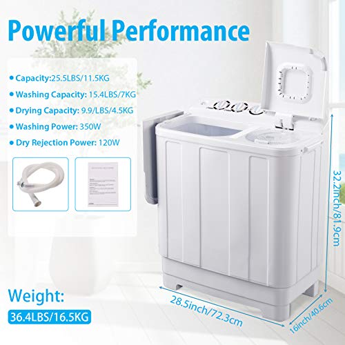Frifer Twin Tub MIini Washing Machine, Compact Semi-Automatic 15 Lbs Washer and 10Lbs Dryer, Portable Washer Machine with Timer Control for Apartment, Dorms, RVs, Camping, White
