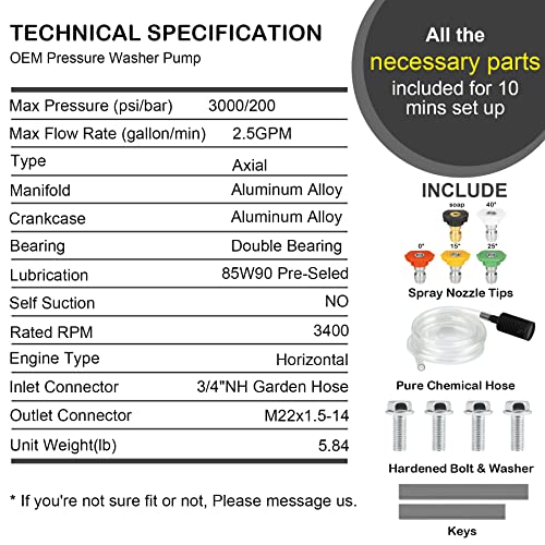 Youxmoto 3/4" Shaft Horizontal Pressure Washer Pump, Max 3000 PSI @ 2.5GPM, With 5pcs Nozzle Tips, fit K2400HH GC190 309515003 308418007, for Most Brand Gas Engine Power