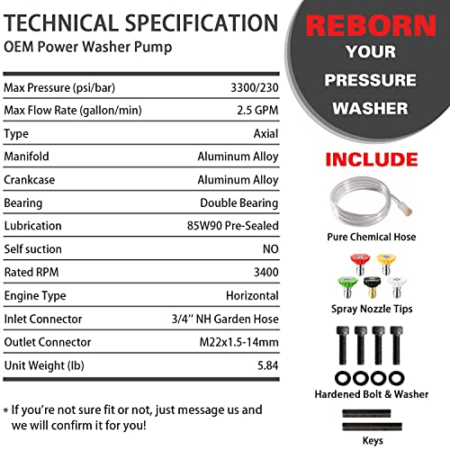 YAMATIC Horizontal Pressure Washer Pump 3/4" Shaft - Max 3300 PSI @ 2.5 GPM - Universal Pump and Original Engineering for Most Brand gas engine power washer