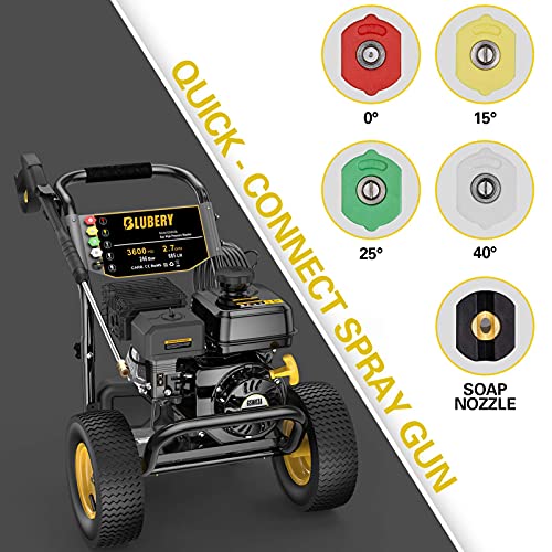 BLUBERY 3600PSI Gas Pressure Washer, 2.7GPM Heavy Duty Power Washer, 30Ft High Pressure Hose&Soap Tank, 5 Adjustable Nozzles, CARB Compliant.Black.