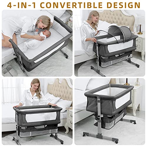 XJD Baby Bassinets Bedside Sleeper Portable Baby Crib for Toddler with Storage Basket Easy Folding Bedside Crib with Breathable Mattress Adjustable Height for Newborn Infant Baby Boy Baby Girl(Grey)