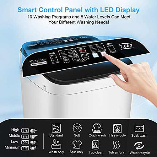 Nictemaw Portable Washer With Drain Pump, 15.5Lbs Capacity Full-Automatic Compact Washing Machine 1.7 Cu.ft Clothes Washing Machine, 10 Programs Selections with LED Display/Faucet Adapter for Home, Apartments, Rvs