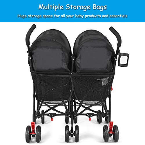 BABY JOY Double Light-Weight Stroller, Travel Foldable Design, Twin Umbrella Stroller with 5-Point Harness, Cup Holder, Sun Canopy for Baby, Toddlers (Black)