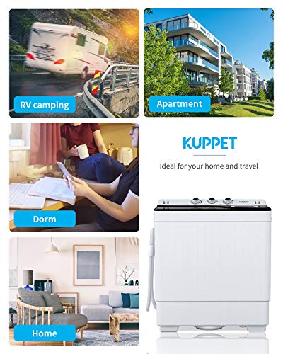 KUPPET Compact Twin Tub Portable Mini Washing Machine 26lbs Capacity, Washer(18lbs)&Spiner(8lbs)/Built-in Drain Pump/Semi-Automatic (White&Black)