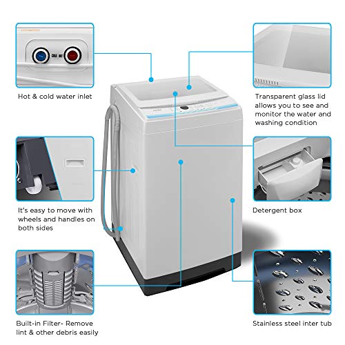 COMFEE’ 1.6 Cu.ft Portable Washing Machine, 11lbs Capacity Fully Automatic Compact Washer with Wheels, 6 Wash Programs Laundry Washer with Drain Pump, Ideal for Apartments, RV, Camping, Ivory White