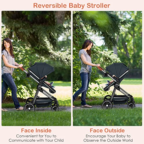 INFANS 2 in 1 High Landscape Convertible Baby Stroller, Newborn Reversible Bassinet Pram, Foldable Pushchair with Adjustable Canopy, Aluminum Structure,5-Point Harness for Infant & Toddler (Black)
