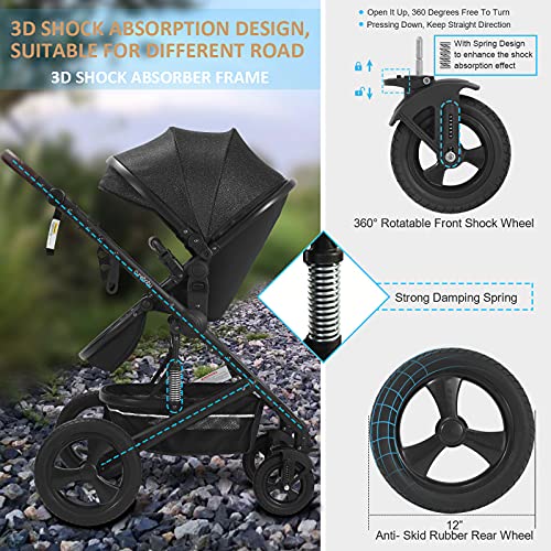 Newborn Infant Toddler Baby Stroller - Strollers with Backrest Adjustable Reversible, 2 in 1 High Landscape Convertible Bassinet Foldable Aluminum Alloy 3D Shock Absorption All Terrain Pram