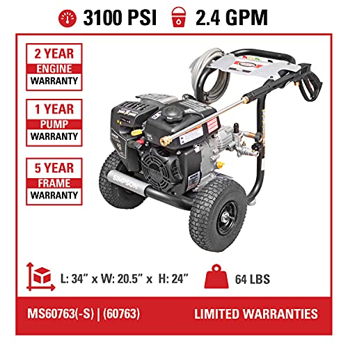 SIMPSON Cleaning MS60763-S MegaShot 3100 PSI Gas Pressure Washer, 2.4 GPM, Kohler RH265 Engine, Includes Spray Gun and Extension Wand, 5 QC Nozzle Tips, 1/4-in. x 25-ft. MorFlex Hose