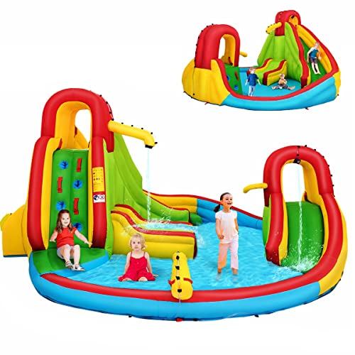 Costzon 7 in 1 Inflatable Water Slide, Backyard Giant Water Park with Double Water Slide, Splash Pool, Climbing Wall, Water Cannon, Outdoor Water Slide for Kids and Adults (Without Blower)