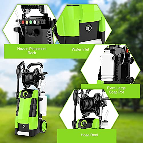 Power Washer, TE3000 1.9GPM Pressure Washer 1800W Electric High Pressure Washer Professional Car Washer Cleaner Machine with Hose Reel ,5 Nozzles for Patio Garden Yard Vehicle
