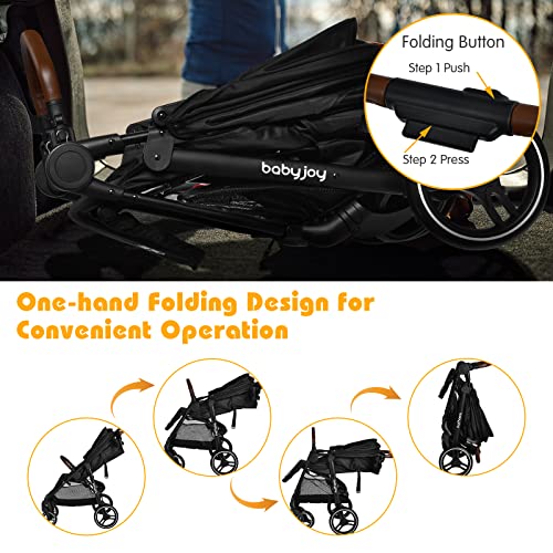 BABY JOY Baby Stroller, High Landscape Infant Carriage Newborn Pushchair with Foot Cover, Cup Holder, 5-Point Harness, Adjustable Backrest & Canopy, Suspension Wheels, Easy One-Hand Fold (Black)