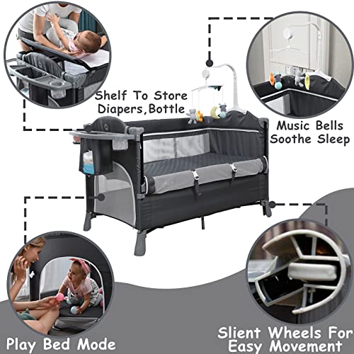 5 in 1 Baby Bassinet Bedside Sleeper Bed Side Crib with Mattress, Toys and Music Box, Diaper Changer, Portable Travel Crib for Girl Boy Infant Newborn, Adjustable Height