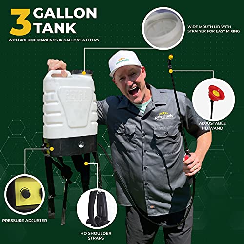 PetraTools 3-Gallon Battery Powered Backpack Sprayer – Extended Spray Time Long-Life Battery - New HD Wand Included, Wide Mouth Lid, Comes with Multiple Nozzles & Battery Included, 65+ PSI