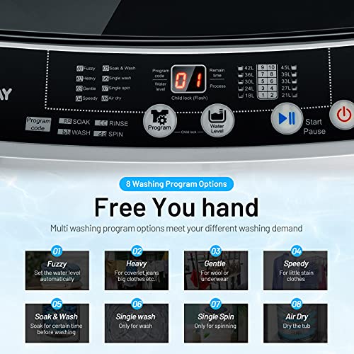 COSTWAY Portable Washing Machine, 11Lbs Capacity Full-automatic Washer with 8 Wash Programs, LED Display, 10 Water Levels, Compact Laundry Washer and Dryer Combo for Apartment, Dorm (Grey)