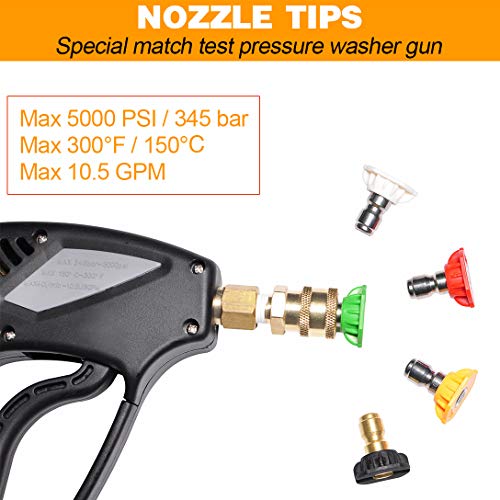 Pressure Washer Short Gun,Commercial Grade 5000 PSI / 10.5 GPM, Best for Gas Power Washer, 3/8" Swivel QC Plug 1/4" Quick Socket, with Spray Nozzle Tips