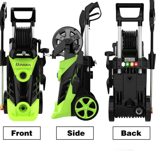 Homdox HX3000 Portable Pressure Washer with Hose Reel, 1800W/1.7 GPM Electric Power Washer, Small Pressure Washer with Detergent Bottle, 4 Nozzles for Outdoor Cleaning, Car/Garden/Patio Wash（Green）