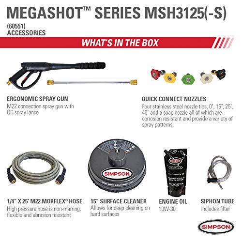 Simpson Cleaning MSH3125 MegaShot Gas Pressure Washer Powered by Honda GC190, 3200 PSI at 2.5 GPM, Black & 80165, Rated Up to 3700 PSI Universal 15" Steel Surface Scrubber, Plain