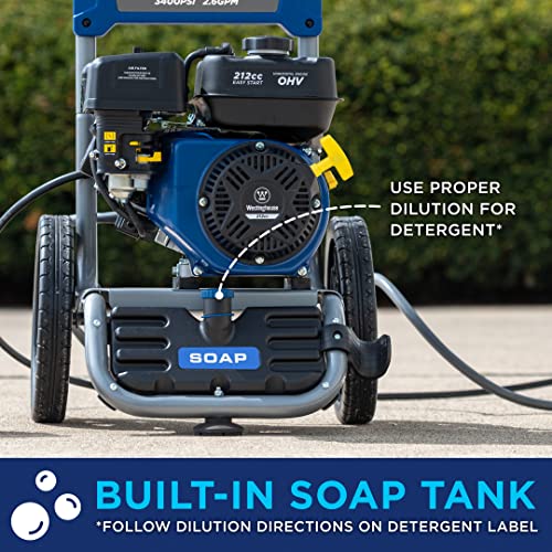 Westinghouse WPX3400 Gas Pressure Washer, 3400 PSI and 2.6 Max GPM, Onboard Soap Tank, Spray Gun and Wand, 5 Nozzle Set, CARB Compliant, for Cars/Fences/Driveways/Homes/Patios/Furniture