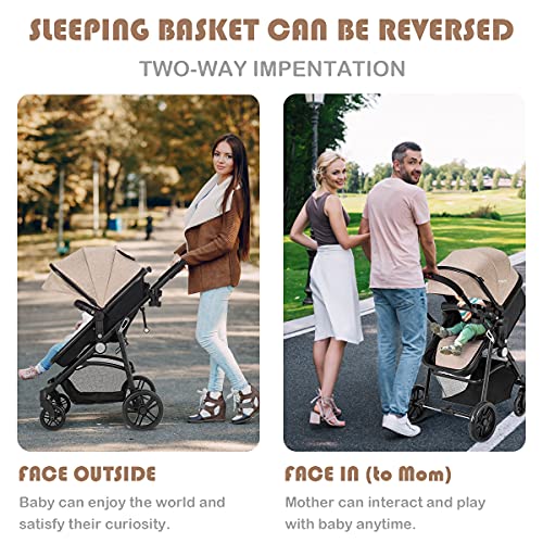 HONEY JOY Baby Stroller, High Landscape Convertible Infant Bassinet Stroller, Adjustable Canopy & Backrest, Storage Basket, Cup Holder, Foldable Newborn Carriage Pram Stroller (Coffee)