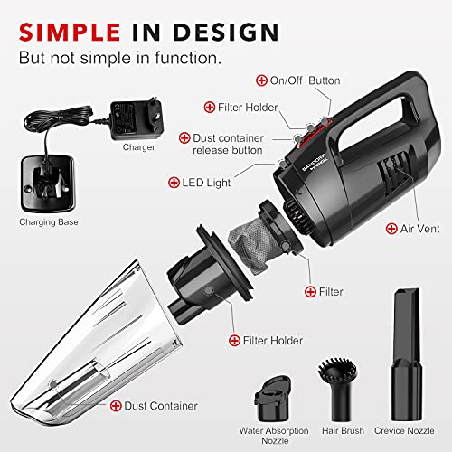 Handheld Vacuum Cordless Whall, Hand Vacuum Cordless 8500PA Suction, Car Hand Vacuum with LED Light, Mini Vacuum Cordless, Portable Vacuum, Dry/Wet Hand Held Vacuum Cleaner, Handheld Cordless Vacuum